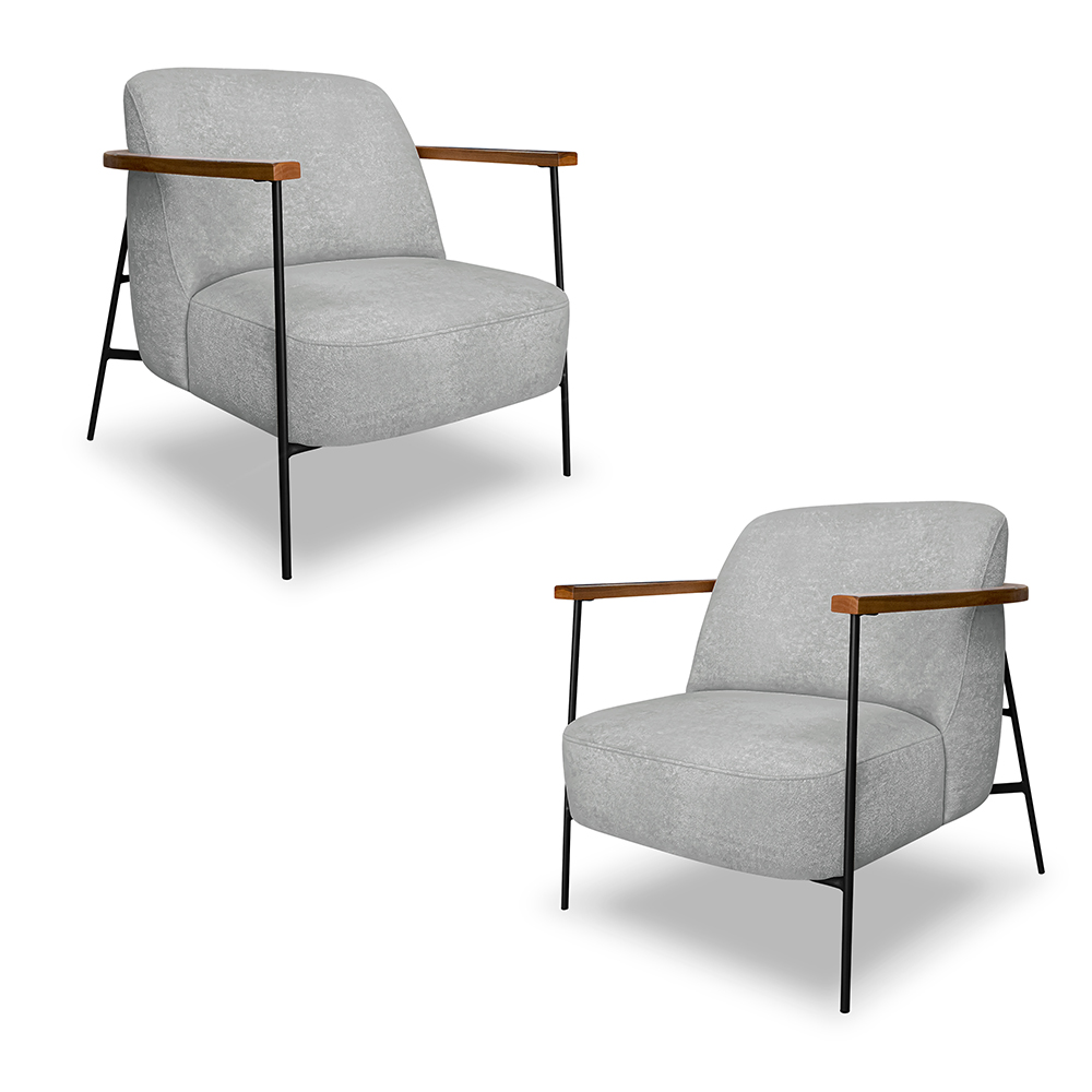 Kit 2 Poltronas Sala de Estar Pés em Ferro Preto Braço Madeira Maciça 86cm Thane Bouclê Cinza G63 - Gran Belo