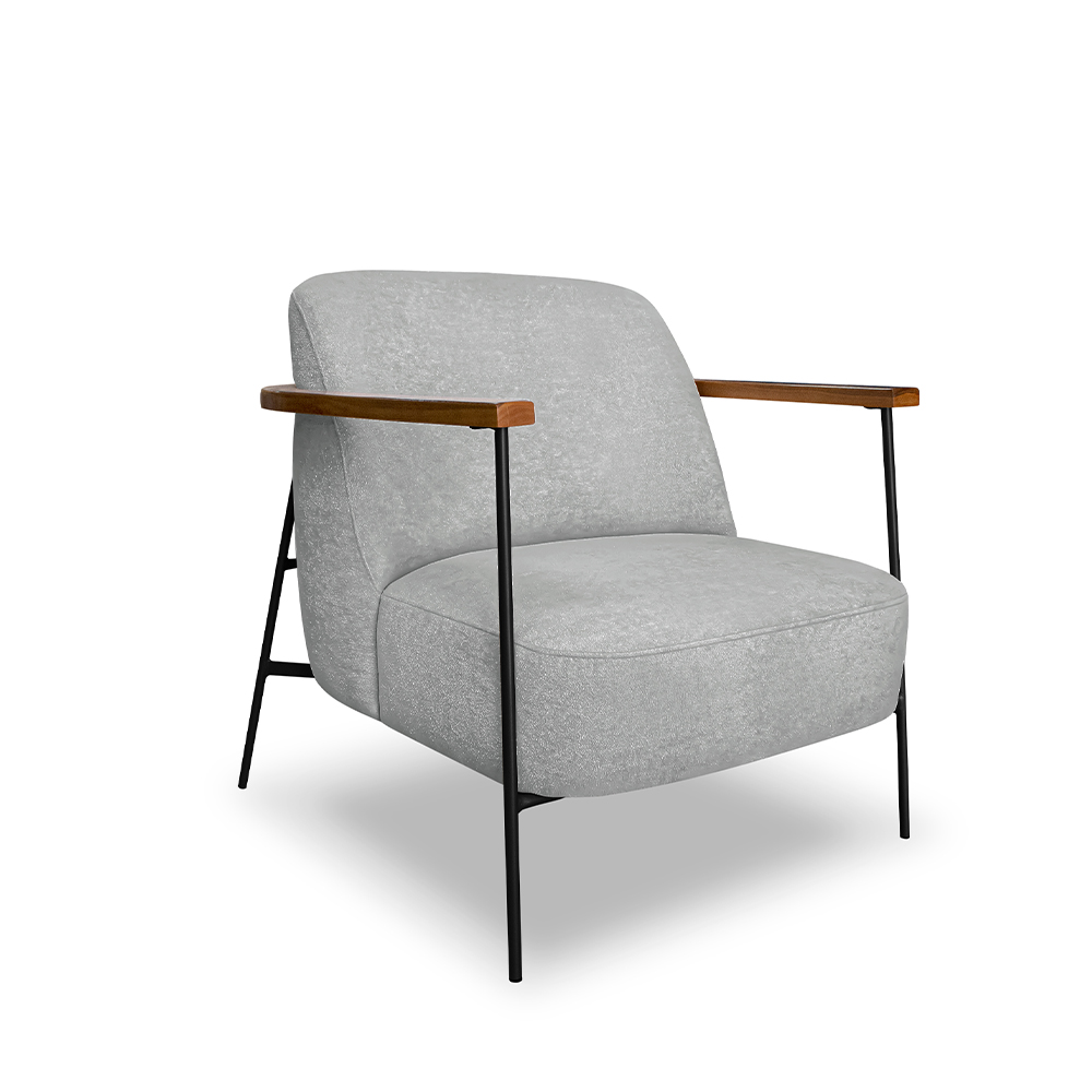 Kit 2 Poltronas Sala de Estar Pés em Ferro Preto Braço Madeira Maciça 86cm Thane Bouclê Cinza G63 - Gran Belo