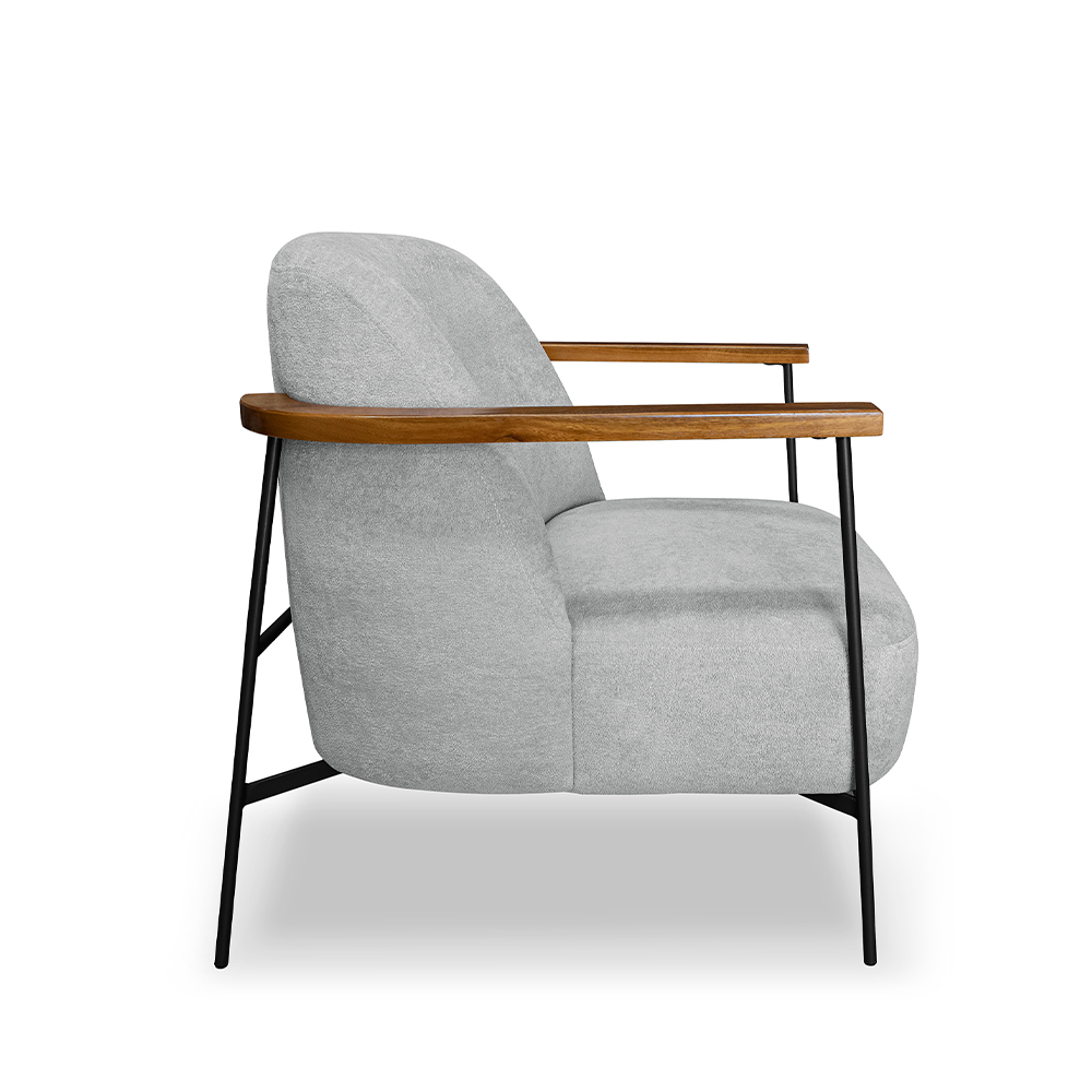 Kit 2 Poltronas Sala de Estar Pés em Ferro Preto Braço Madeira Maciça 86cm Thane Bouclê Cinza G63 - Gran Belo