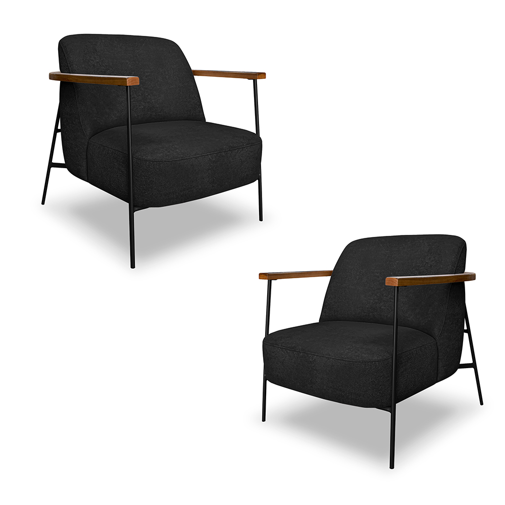 Kit 2 Poltronas Sala de Estar Pés em Ferro Preto Braço Madeira Maciça 86cm Thane Bouclê Preto G63 - Gran Belo