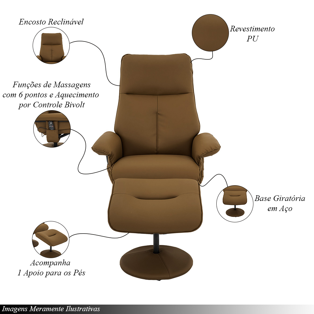 Kit 2 Poltronas de Massagem Arizona Giratória com Apoio de Pés e Reclinável Pu Caramelo G56 - Gran Belo