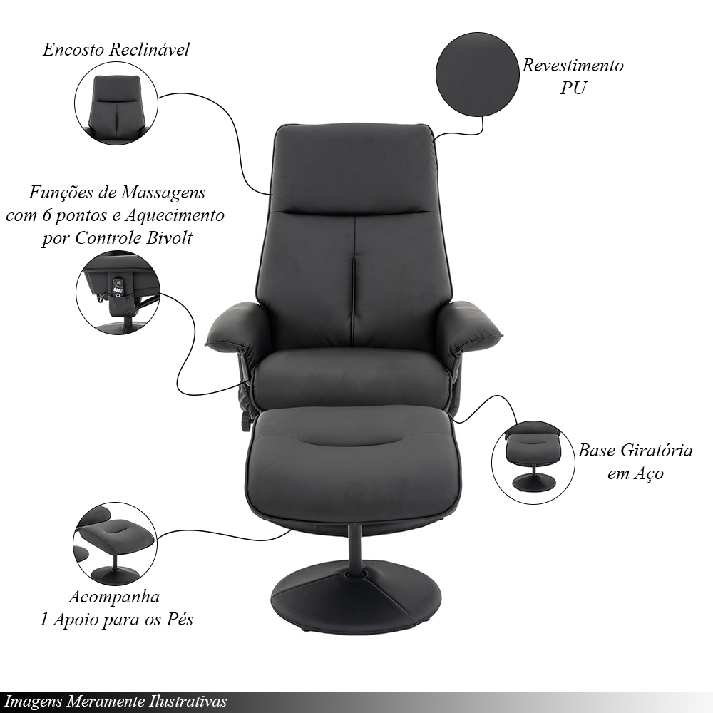 Kit 2 Poltronas de Massagem Arizona Giratória com Apoio de Pés e Reclinável Pu Preto G56 - Gran Belo