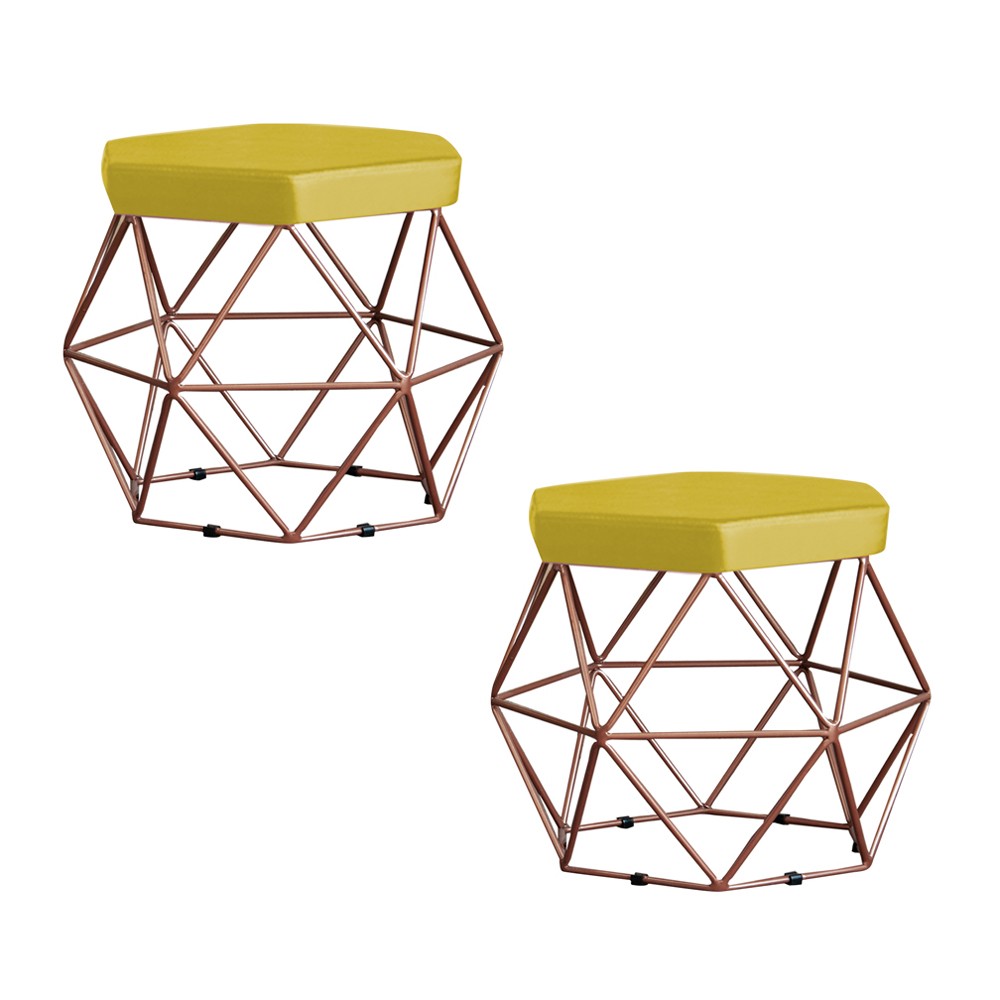 Kit 2 Puff Decorativo Base Bronze Elsa Suede Amarelo G41 - Gran Belo