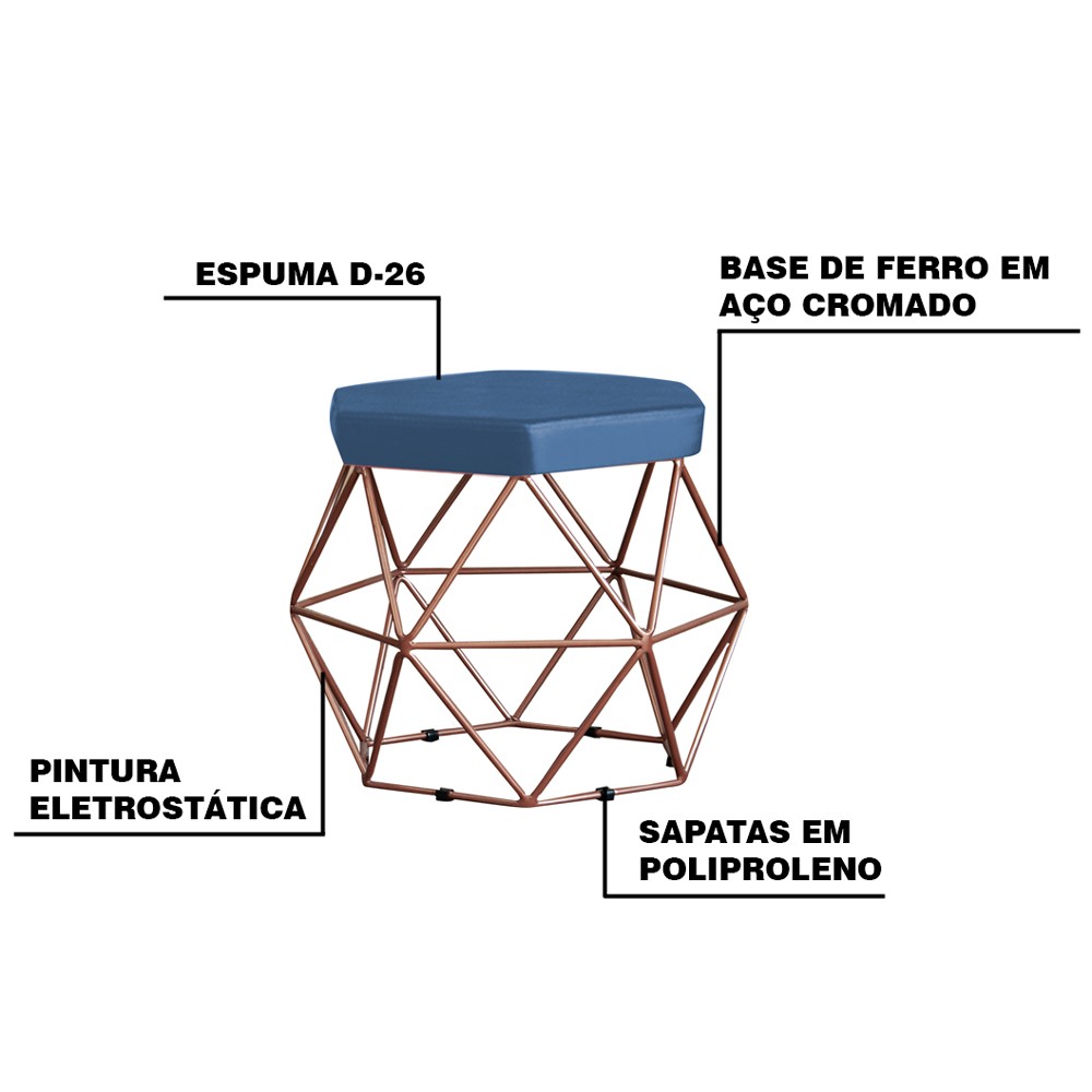 Kit 2 Puff Decorativo Base Bronze Elsa Suede Azul Marinho G41 - Gran Belo
