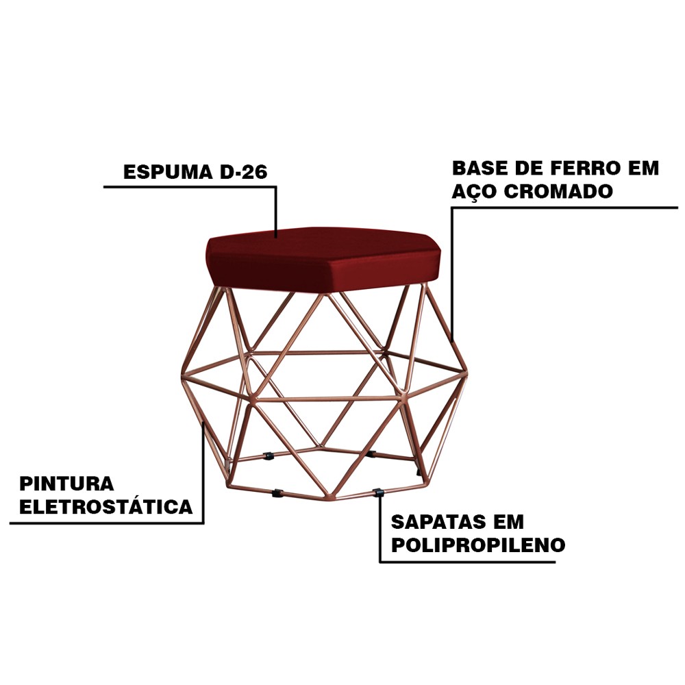 Kit 2 Puff Decorativo Base Bronze Elsa Suede Bordô G41 - Gran Belo