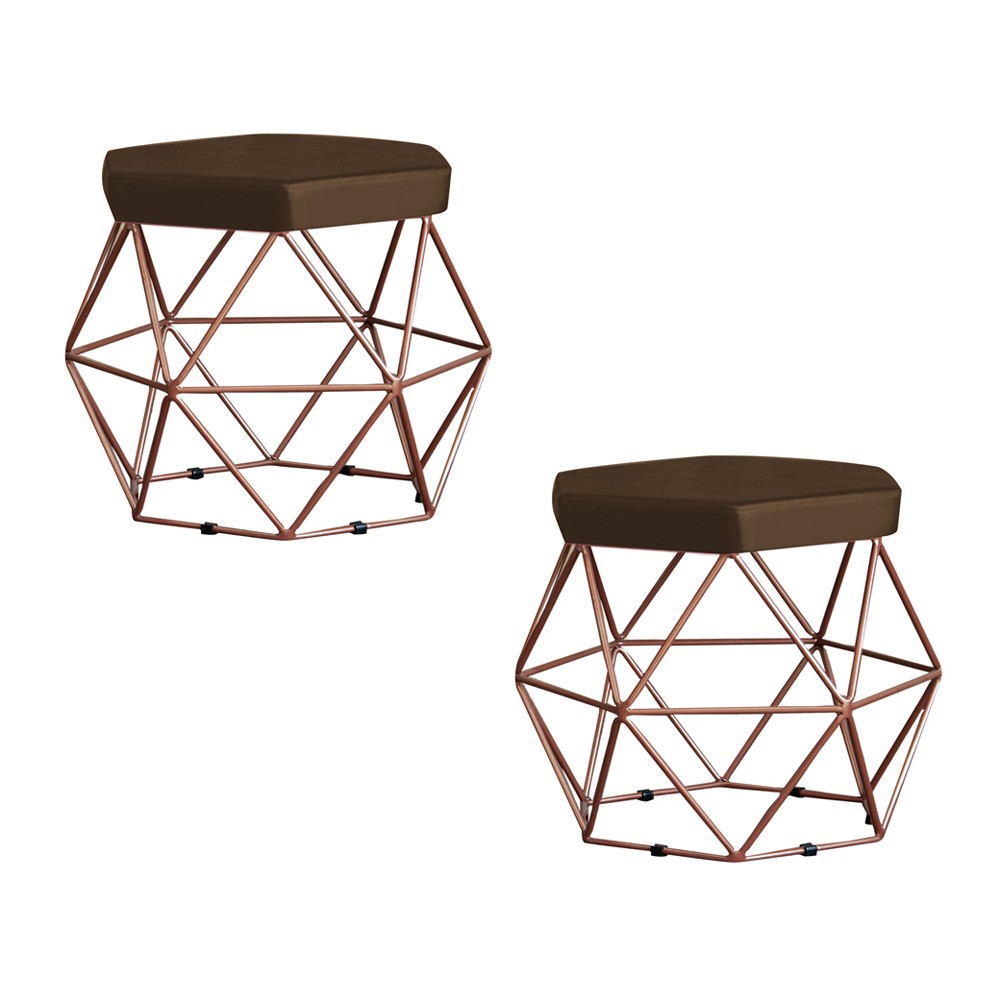 Kit 2 Puff Decorativo Base Bronze Elsa Suede Marrom G41 - Gran Belo