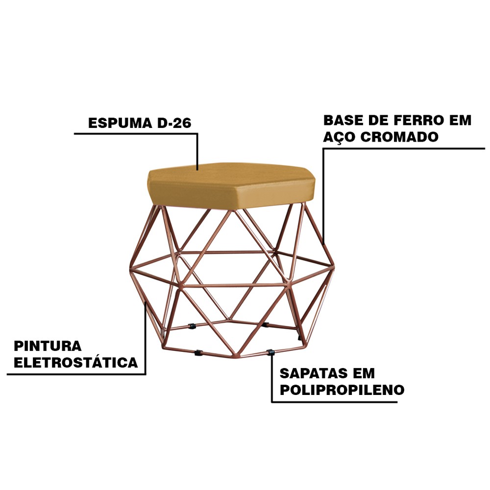 Kit 2 Puff Decorativo Base Bronze Elsa Suede Mostarda - Gran Belo