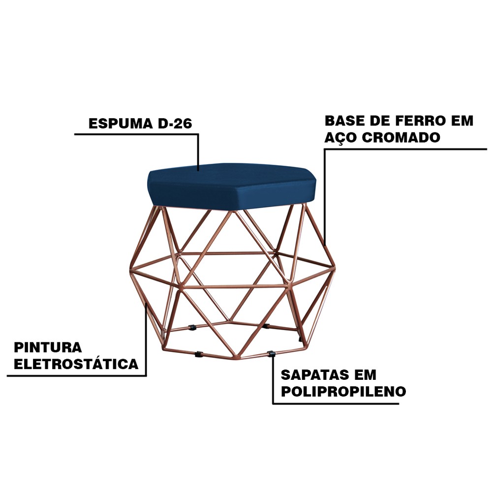 Kit 2 Puff Decorativo Base Bronze Elsa Veludo Azul G41 - Gran Belo