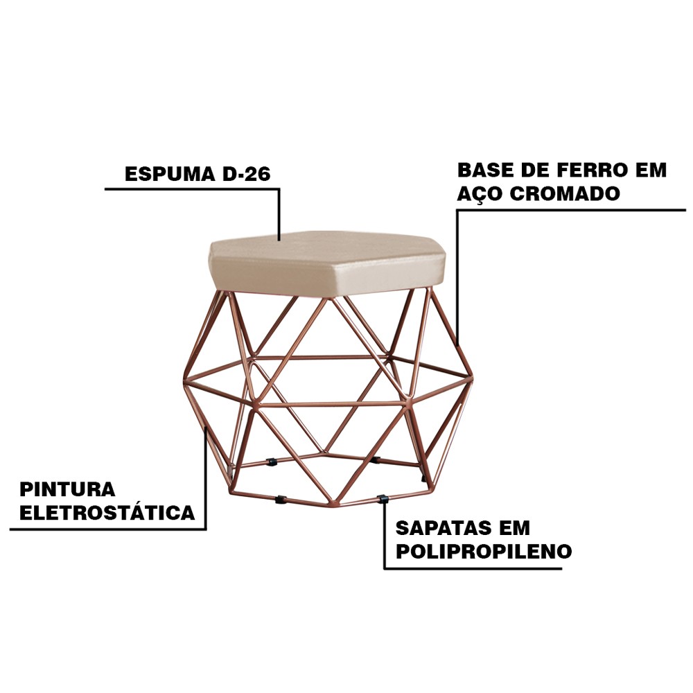 Kit 2 Puff Decorativo Base Bronze Elsa Veludo Bege G41 - Gran Belo