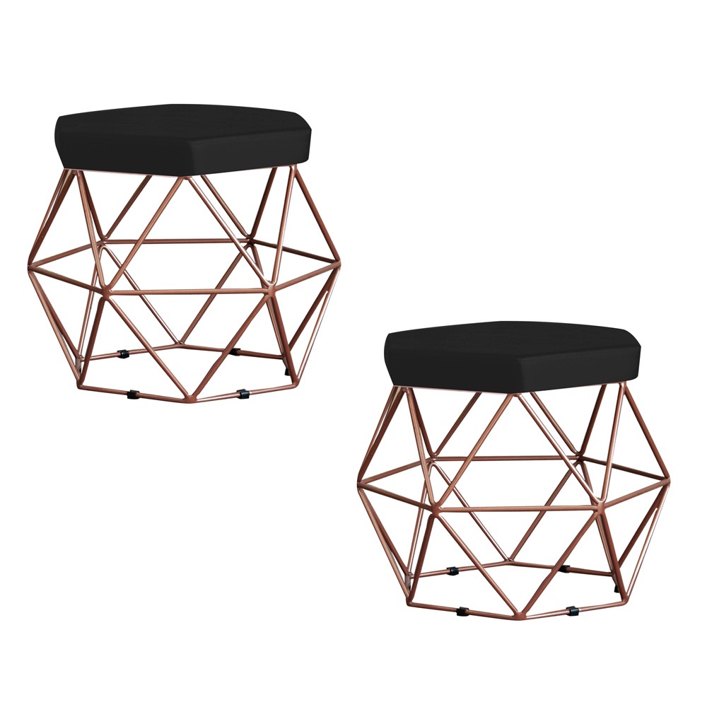 Kit 2 Puff Decorativo Base Bronze Elsa Veludo Preto G41 - Gran Belo
