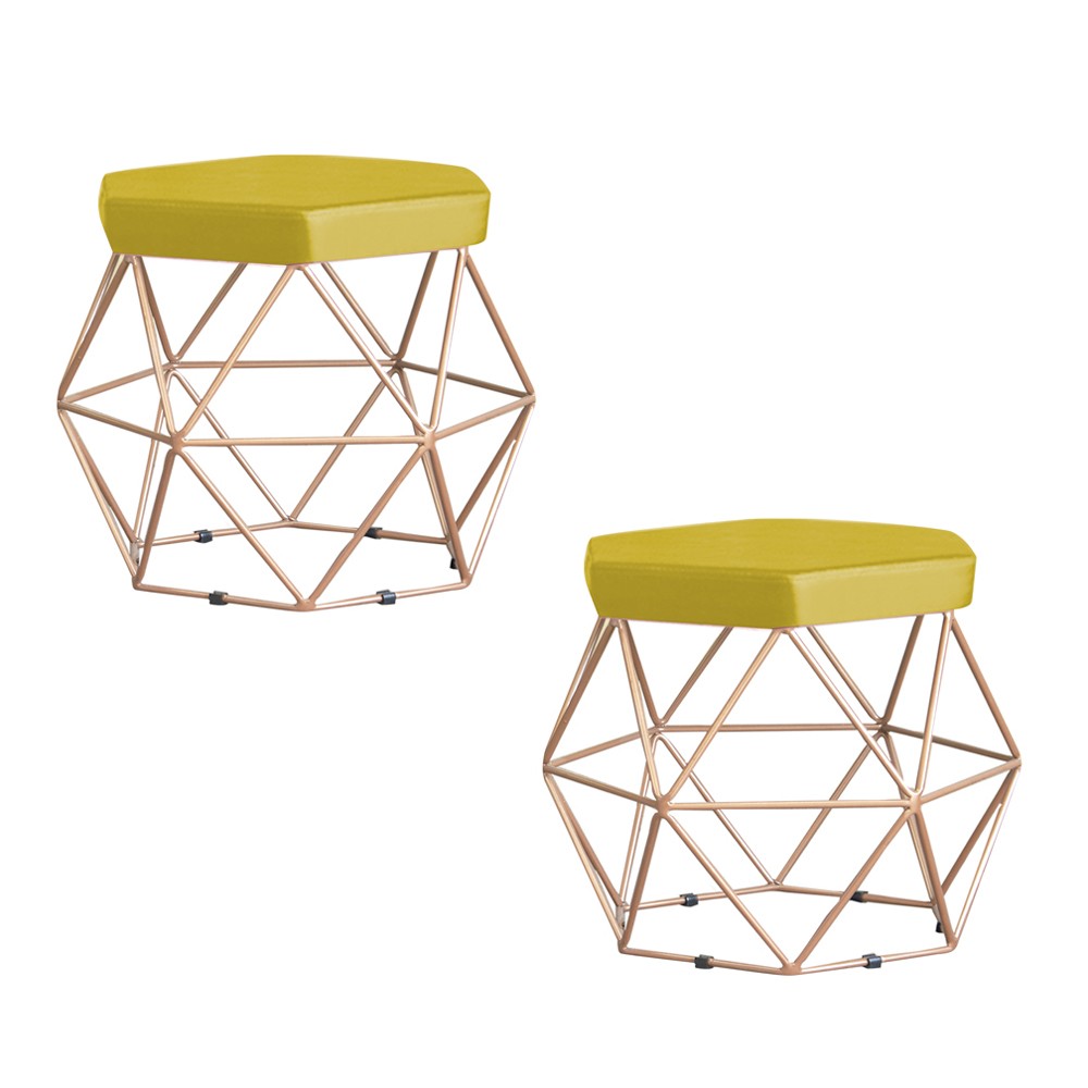 Kit 2 Puff Decorativo Base Gold Elsa Suede Amarelo G41 - Gran Belo