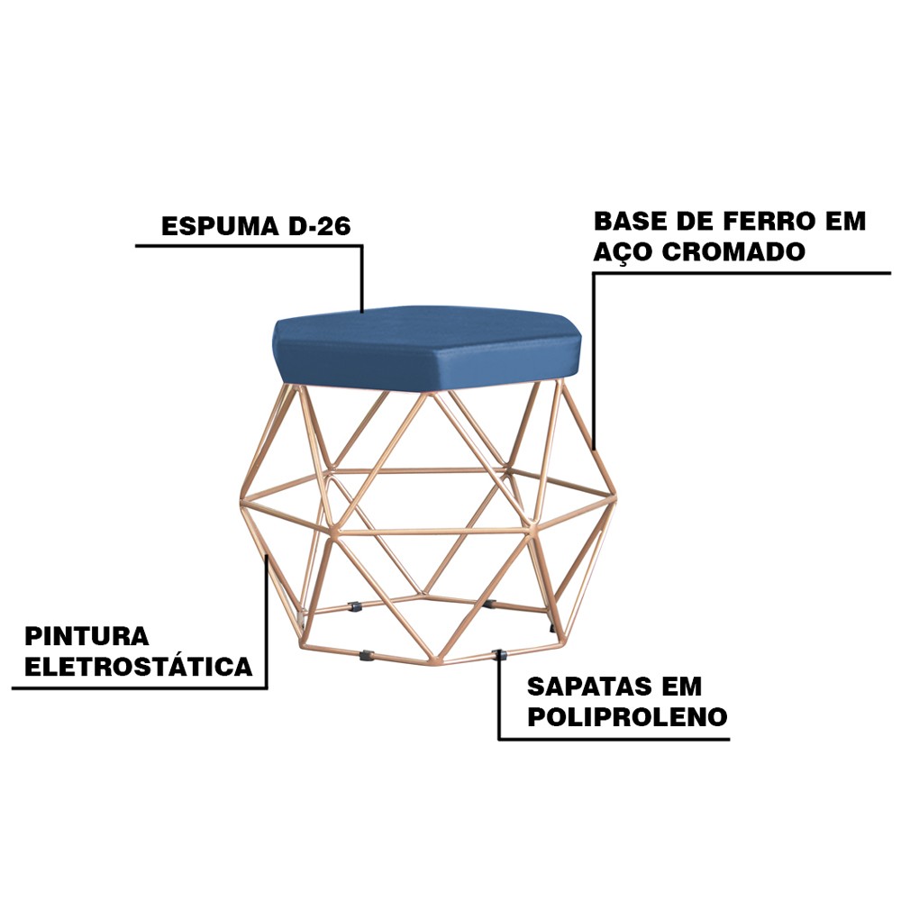 Kit 2 Puff Decorativo Base Gold Elsa Suede Azul Marinho G41 - Gran Belo