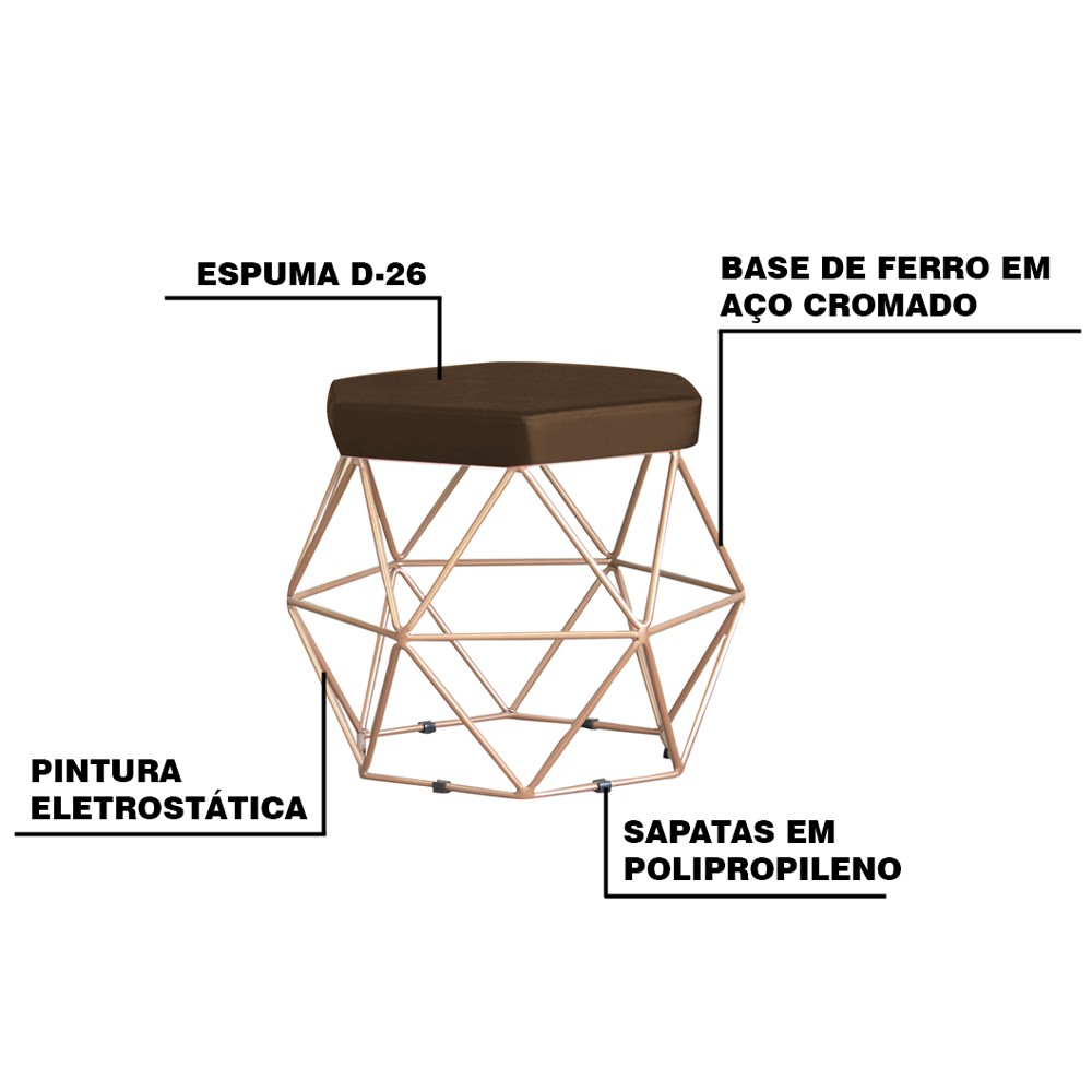 Kit 2 Puff Decorativo Base Gold Elsa Suede Marrom G41 - Gran Belo