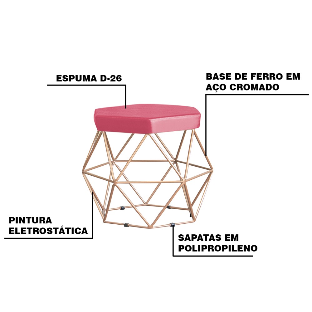 Kit 2 Puff Decorativo Base Gold Elsa Suede Rosa - Gran Belo
