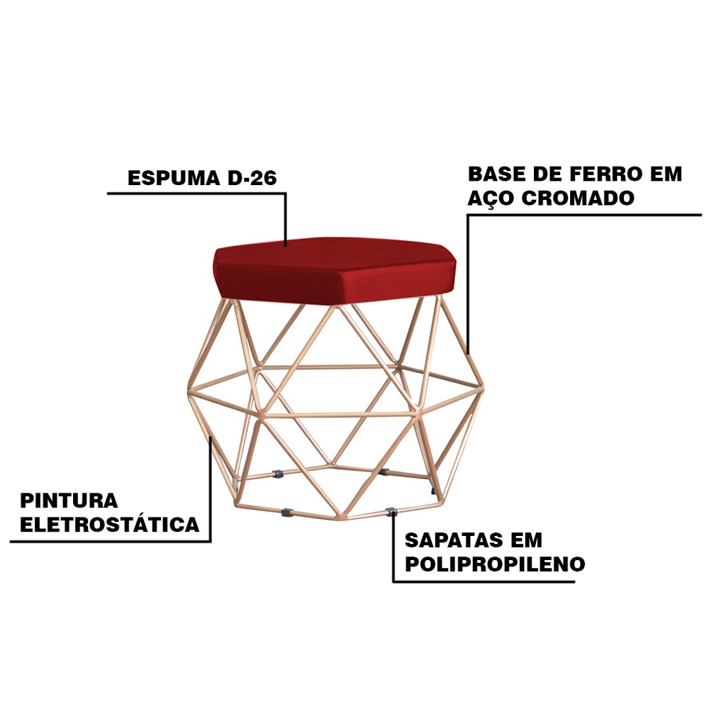 Kit 2 Puff Decorativo Base Gold Elsa Suede Vermelho G41 - Gran Belo