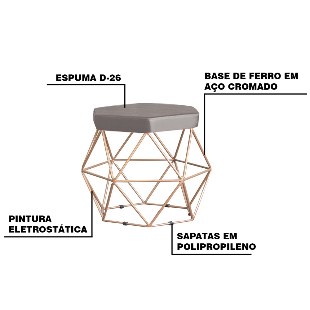 Kit 2 Puff Decorativo Base Gold Elsa Veludo Cinza G41 - Gran Belo