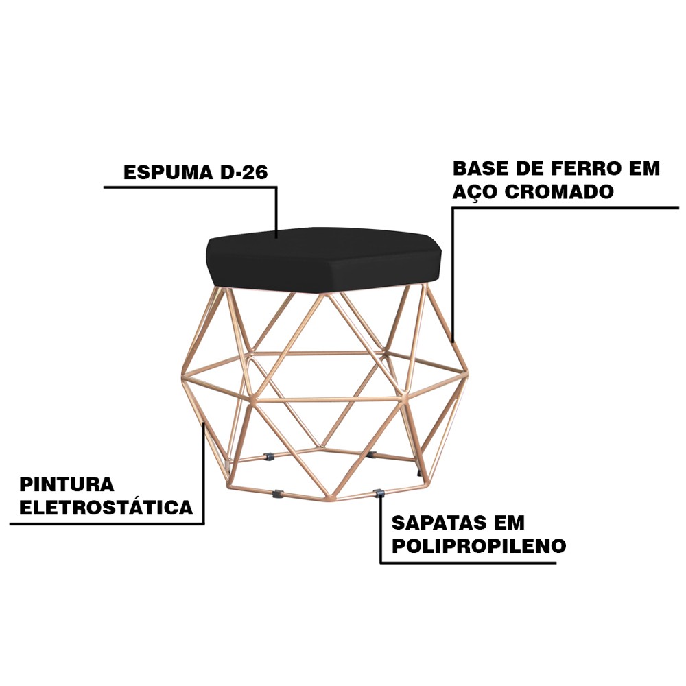 Kit 2 Puff Decorativo Base Gold Elsa Veludo Preto G41 - Gran Belo