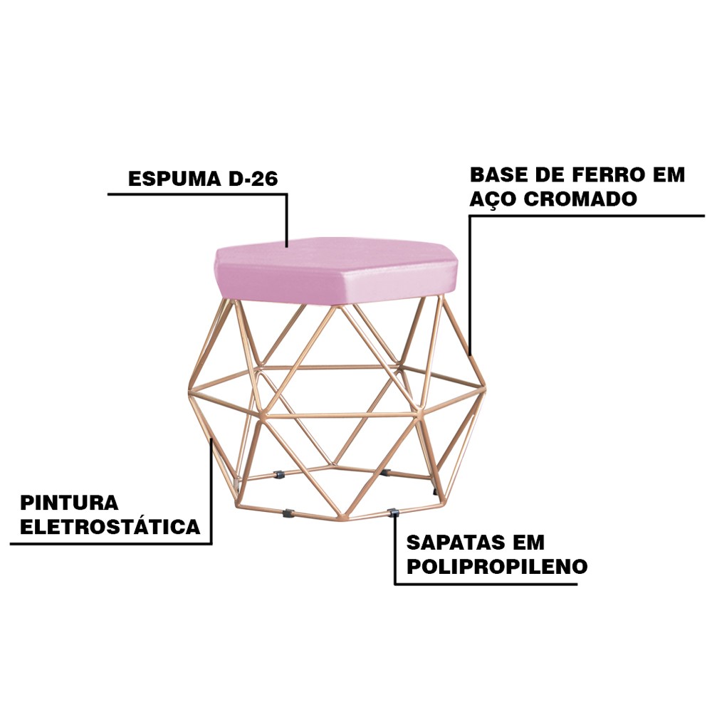 Kit 2 Puff Decorativo Base Gold Elsa Veludo Rosê G41 - Gran Belo