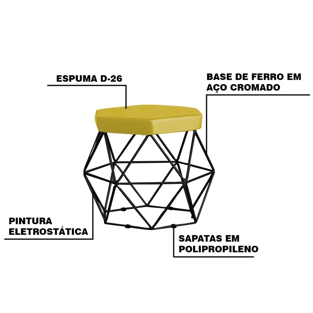 Kit 2 Puff Decorativo Base Preta Elsa Suede Amarelo G41 - Gran Belo