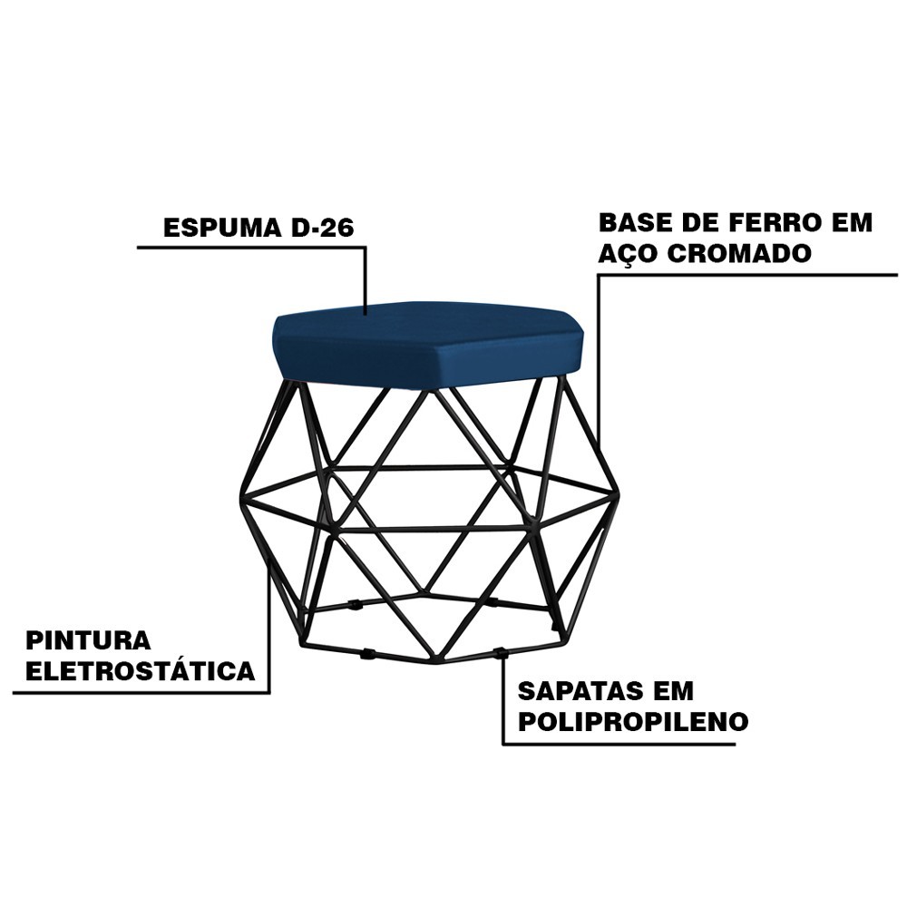 Kit 2 Puff Decorativo Base Preta Elsa Veludo Azul G41 - Gran Belo