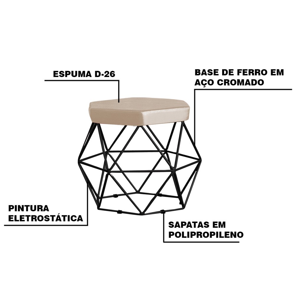 Kit 2 Puff Decorativo Base Preta Elsa Veludo Bege G41 - Gran Belo