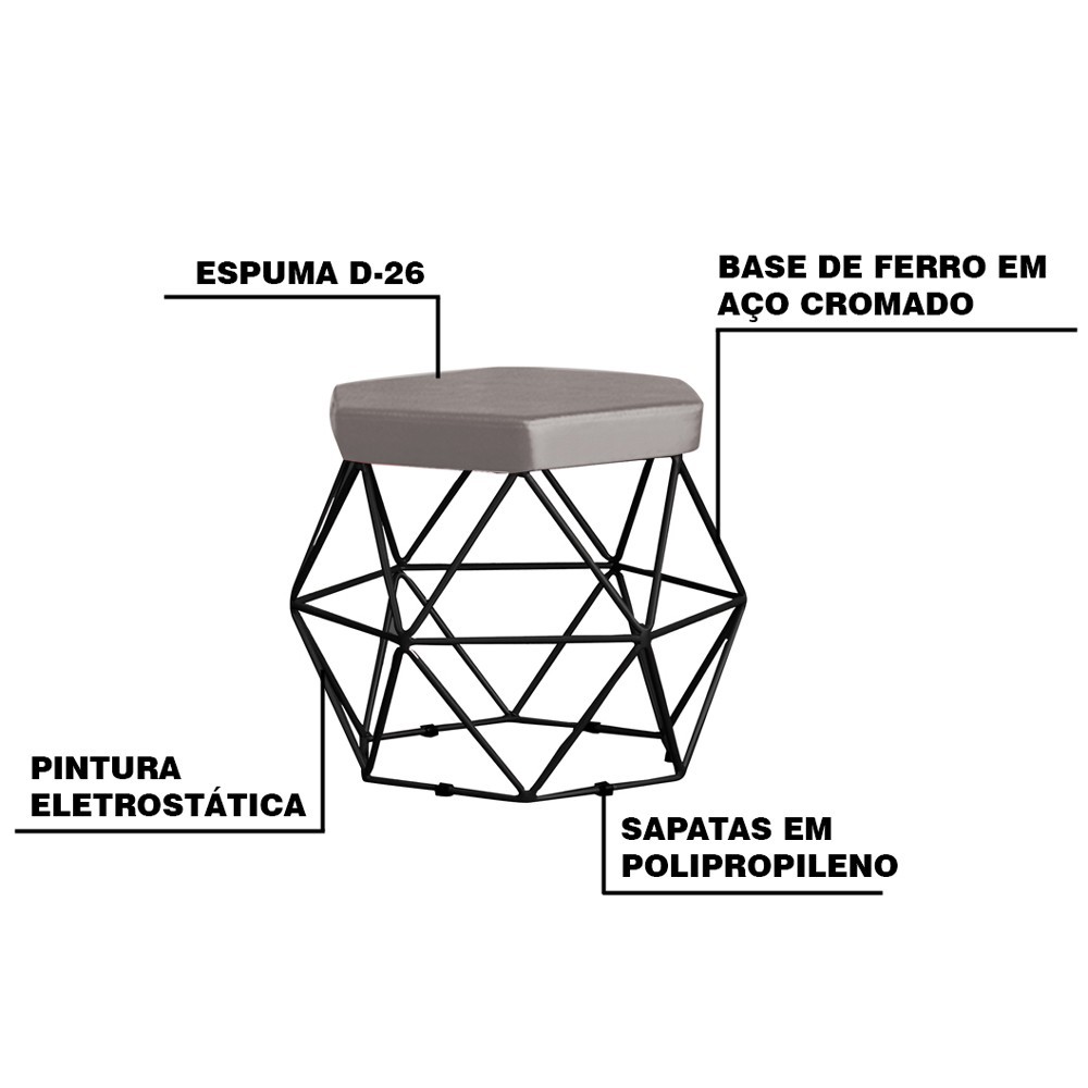 Kit 2 Puff Decorativo Base Preta Elsa Veludo Cinza G41 - Gran Belo