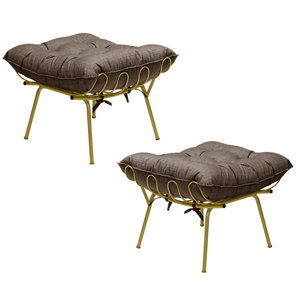 Kit 2 Puff Decorativo Sala de Estar Abel Pés Dourado Linho Marrom G41 - Gran Belo