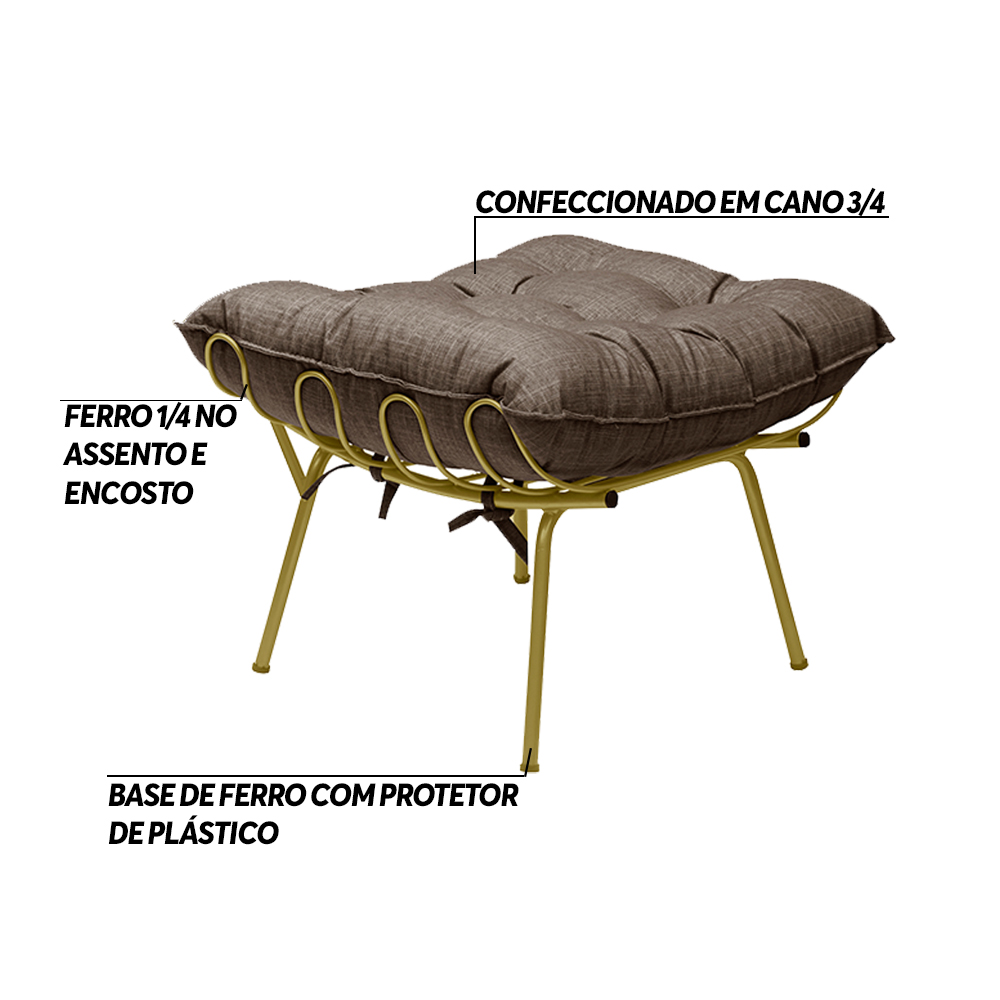 Kit 2 Puff Decorativo Sala de Estar Abel Pés Dourado Linho Marrom G41 - Gran Belo