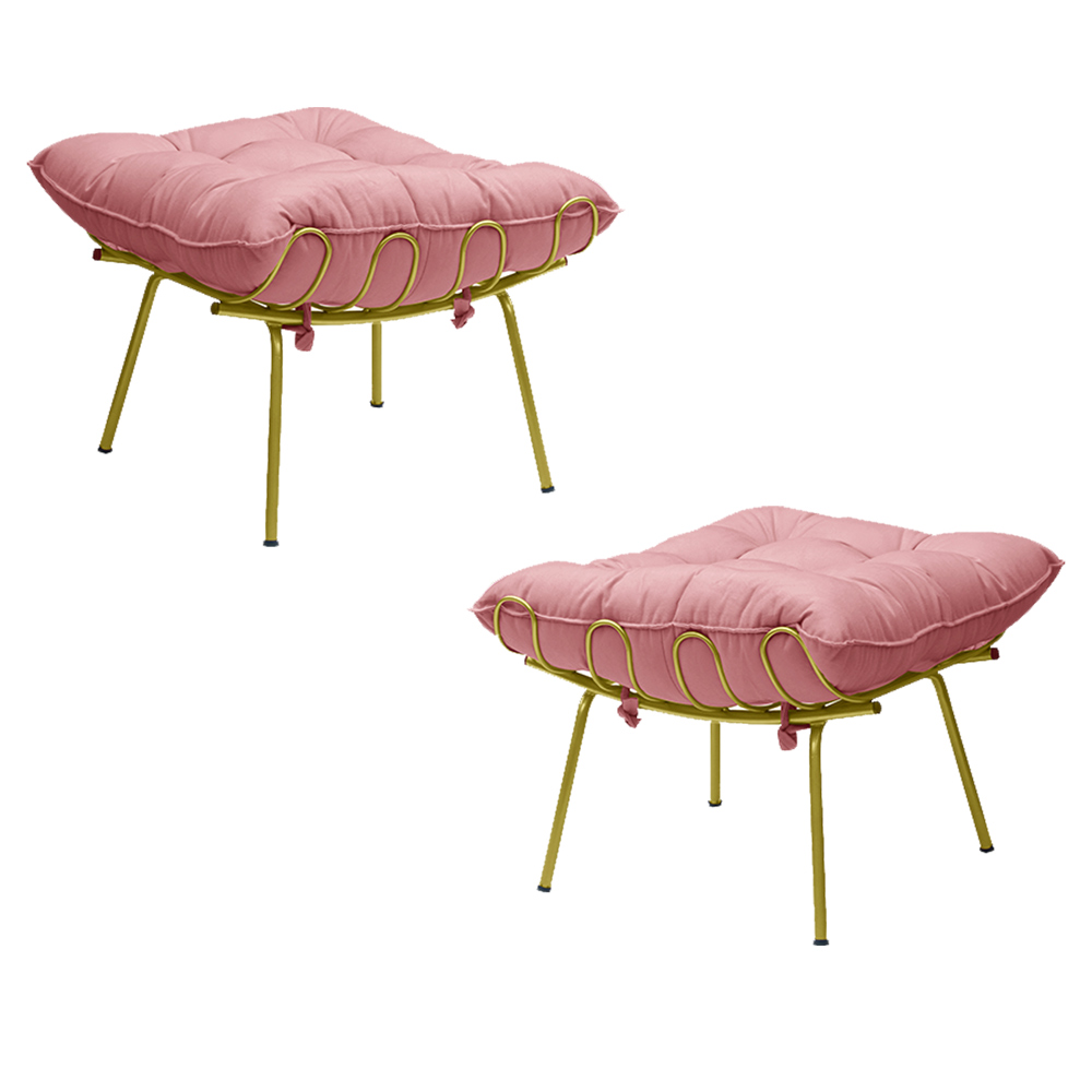 Kit 2 Puff Decorativo Sala de Estar Abel Pés Dourado Suede Rosa G41 - Gran Belo