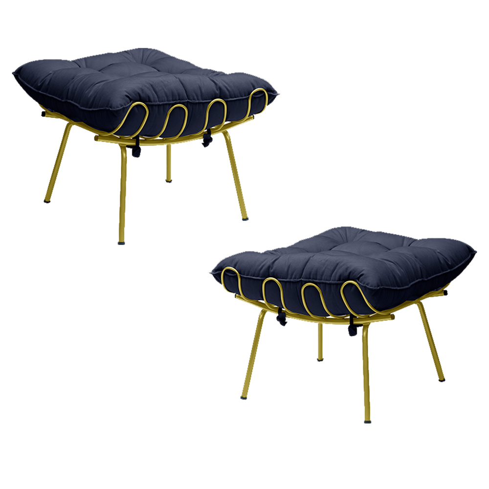 Kit 2 Puff Decorativo Sala de Estar Abel Pés Dourado Veludo Azul G41 - Gran Belo