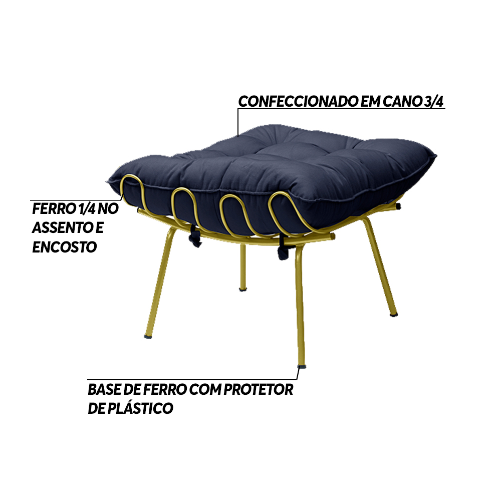 Kit 2 Puff Decorativo Sala de Estar Abel Pés Dourado Veludo Azul G41 - Gran Belo