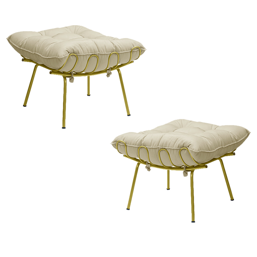 Kit 2 Puff Decorativo Sala de Estar Abel Pés Dourado Veludo Bege - Gran Belo