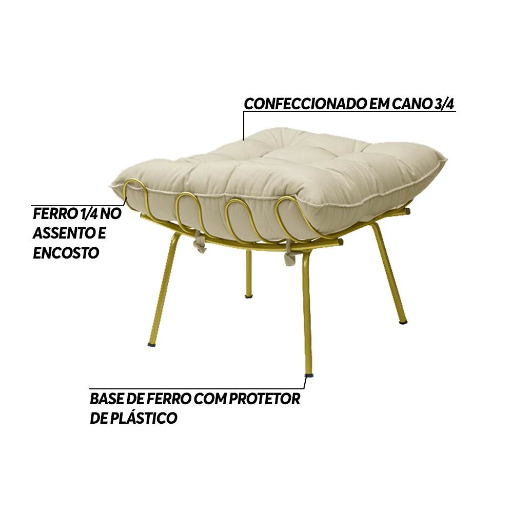 Kit 2 Puff Decorativo Sala de Estar Abel Pés Dourado Veludo Bege - Gran Belo