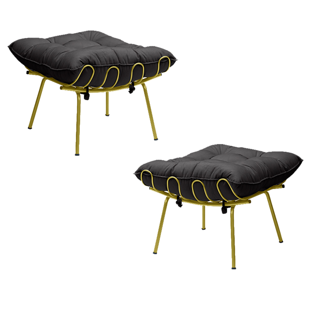 Kit 2 Puff Decorativo Sala de Estar Abel Pés Dourado Veludo Preto G41 - Gran Belo