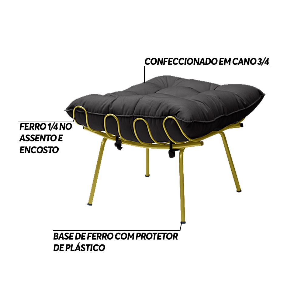 Kit 2 Puff Decorativo Sala de Estar Abel Pés Dourado Veludo Preto G41 - Gran Belo