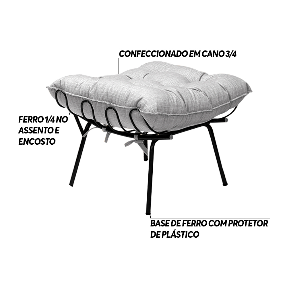 Kit 2 Puff Decorativo Sala de Estar Abel Pés Preto Linho Cinza Claro G41 - Gran Belo