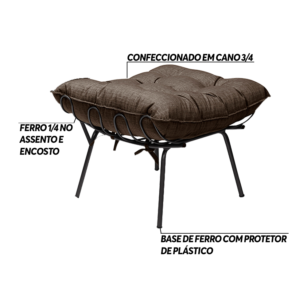 Kit 2 Puff Decorativo Sala de Estar Abel Pés Preto Linho Marrom - Gran Belo