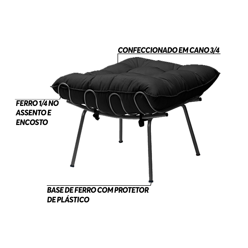 Kit 2 Puff Decorativo Sala de Estar Abel Pés Preto Veludo Preto - Gran Belo