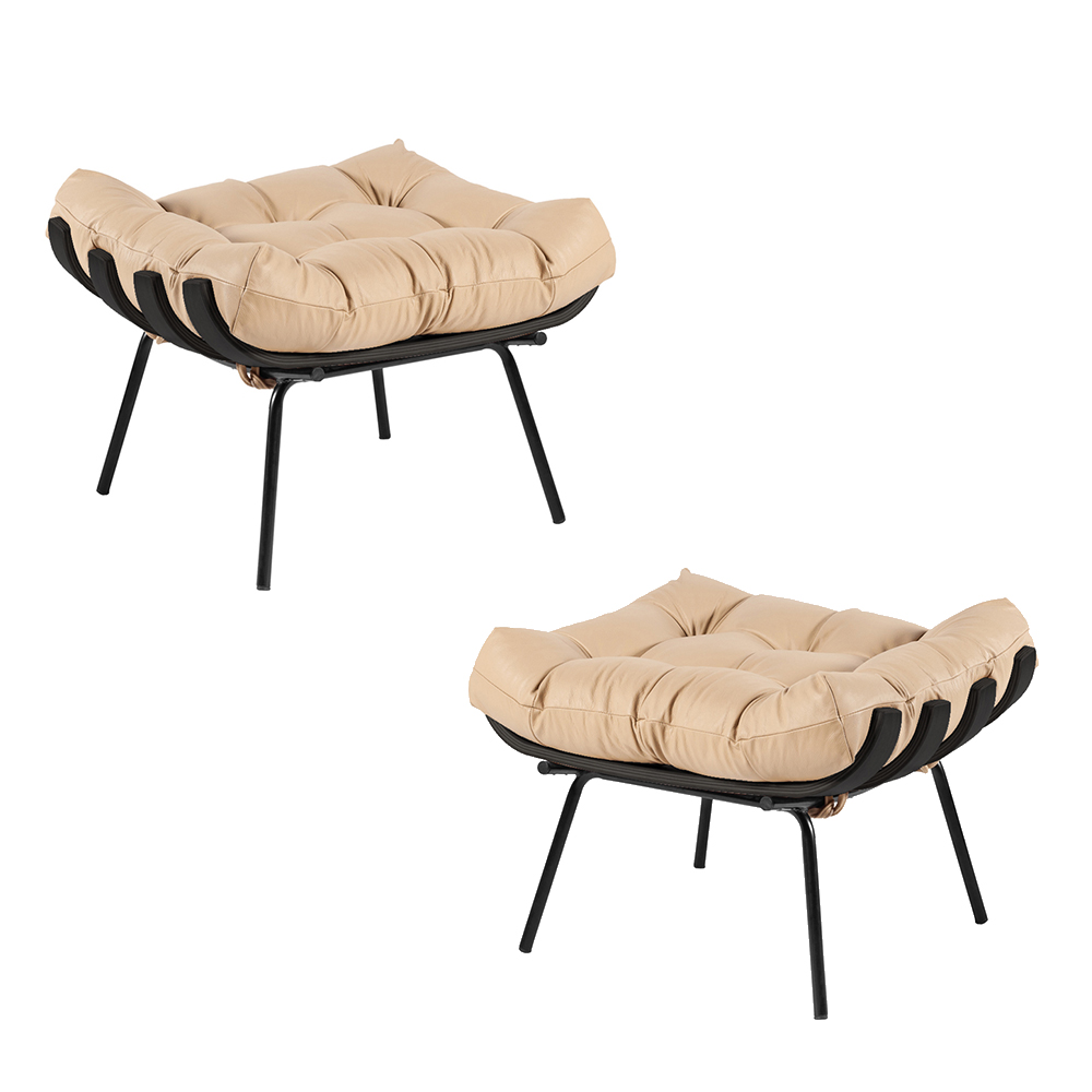 Kit 2 Puff Decorativo Sala de Estar Costela Base Preta Couro Bege - Gran Belo
