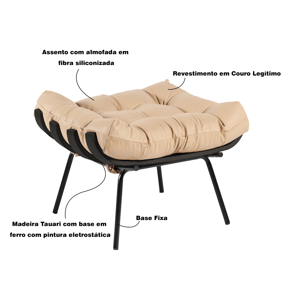 Kit 2 Puff Decorativo Sala de Estar Costela Base Preta Couro Bege - Gran Belo