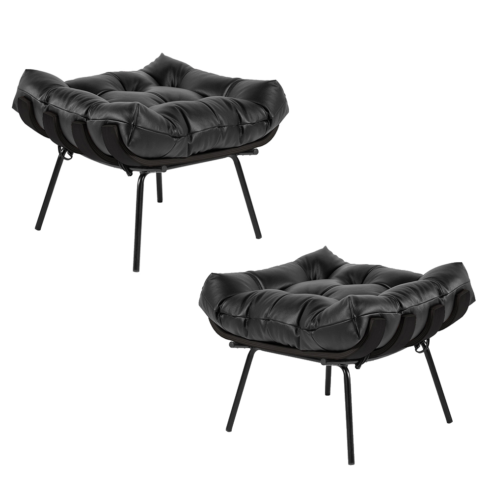 Kit 2 Puff Decorativo Sala de Estar Costela Base Preta Couro Preto G34 - Gran Belo
