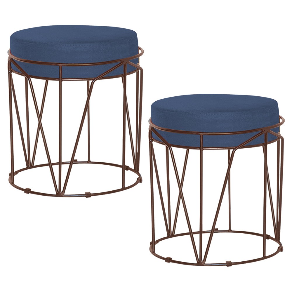 Kit 2 Puffs Decorativo Sala de Estar Base Bronze Chloe Suede Azul Marinho - Gran Belo