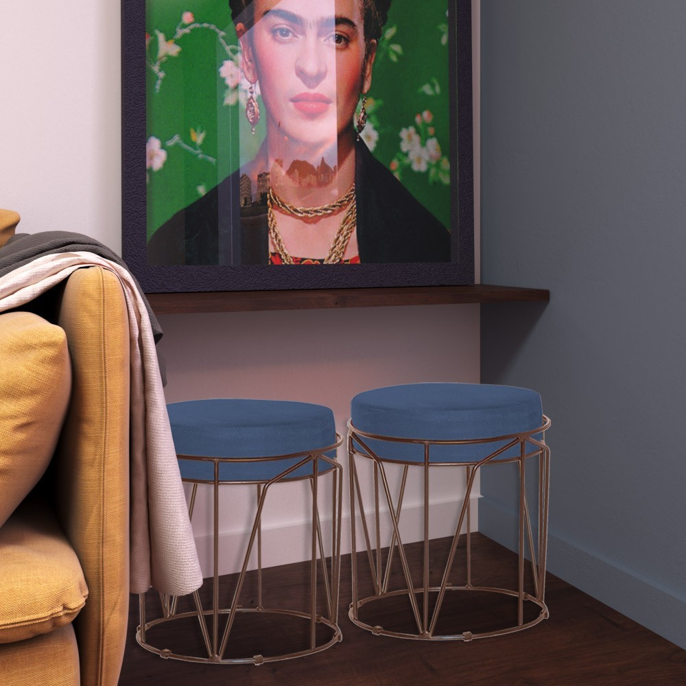 Kit 2 Puffs Decorativo Sala de Estar Base Bronze Chloe Suede Azul Marinho - Gran Belo