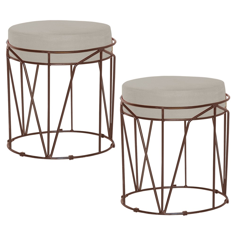 Kit 2 Puffs Decorativo Sala de Estar Base Bronze Chloe Suede Bege G41 - Gran Belo