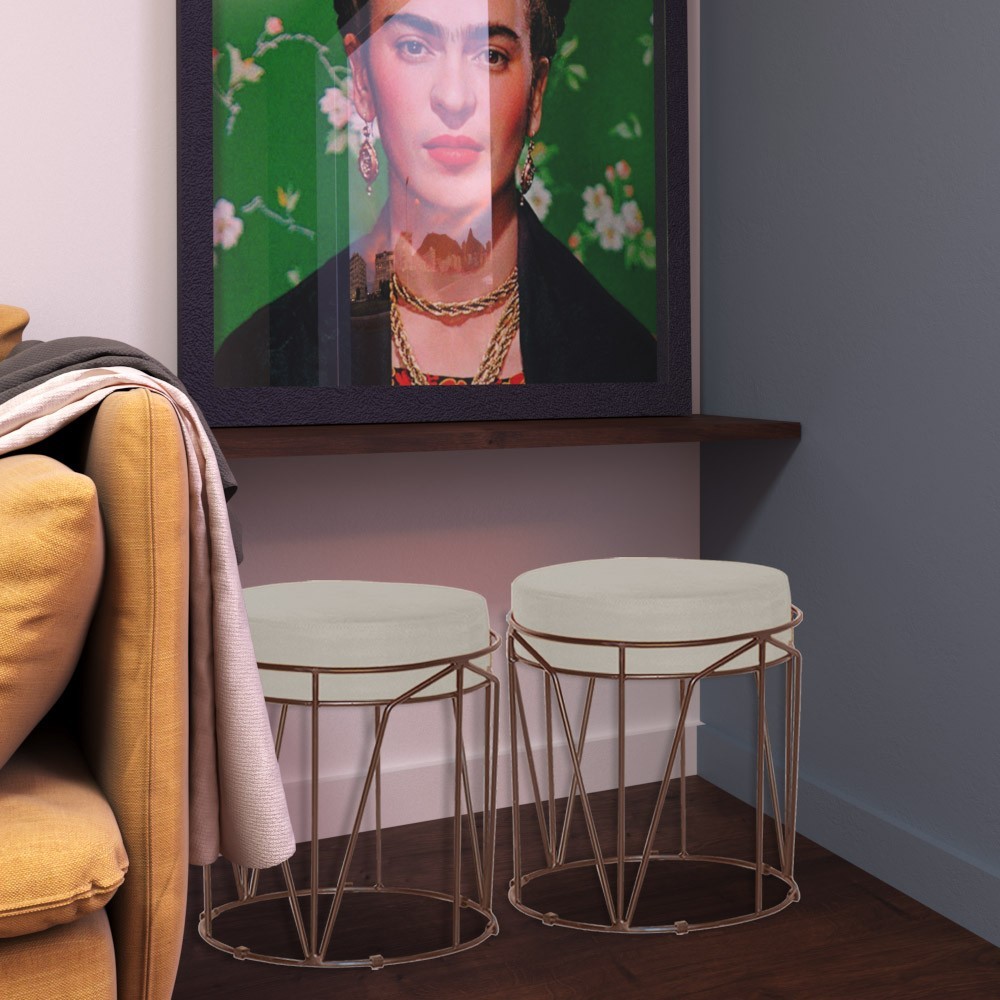 Kit 2 Puffs Decorativo Sala de Estar Base Bronze Chloe Suede Bege G41 - Gran Belo