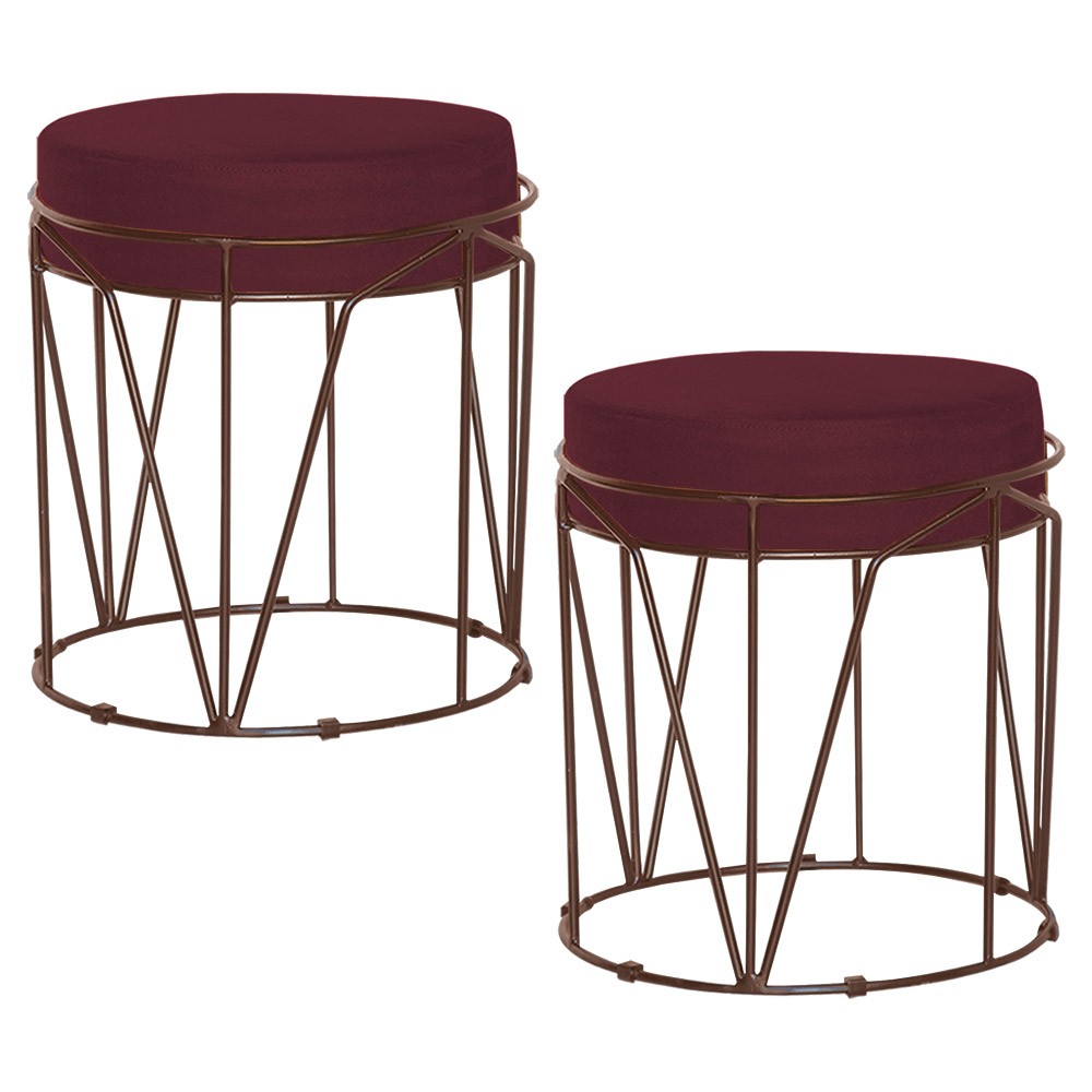 Kit 2 Puffs Decorativo Sala de Estar Base Bronze Chloe Suede Bordô G41 - Gran Belo