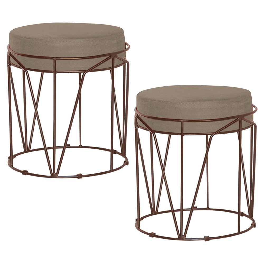 Kit 2 Puffs Decorativo Sala de Estar Base Bronze Chloe Suede Cappuccino G41 - Gran Belo