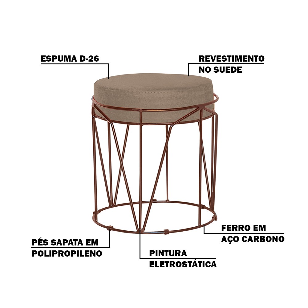 Kit 2 Puffs Decorativo Sala de Estar Base Bronze Chloe Suede Cappuccino G41 - Gran Belo
