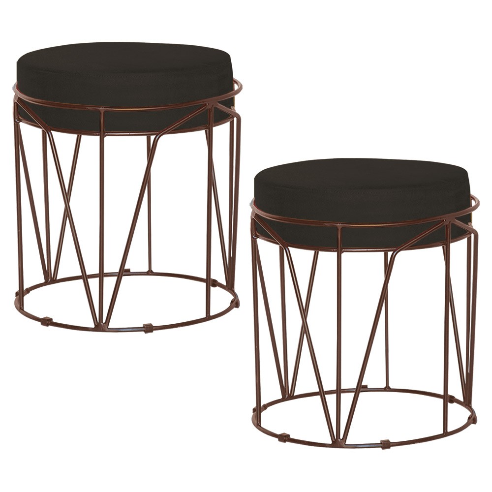 Kit 2 Puffs Decorativo Sala de Estar Base Bronze Chloe Suede Marrom G41 - Gran Belo