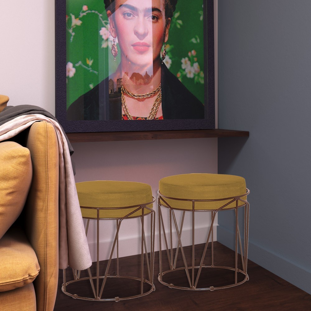 Kit 2 Puffs Decorativo Sala de Estar Base Bronze Chloe Suede Mostarda G41 - Gran Belo